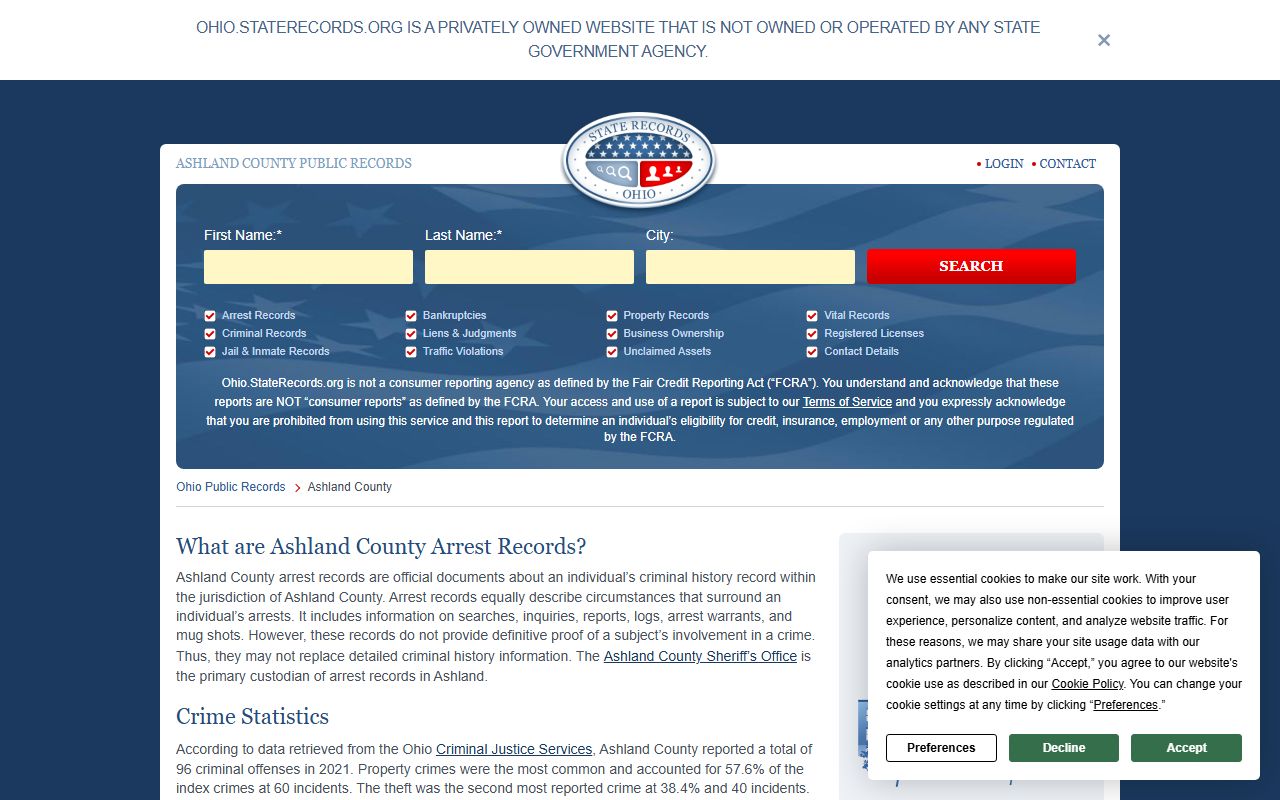 Ashland County records access page for court records search