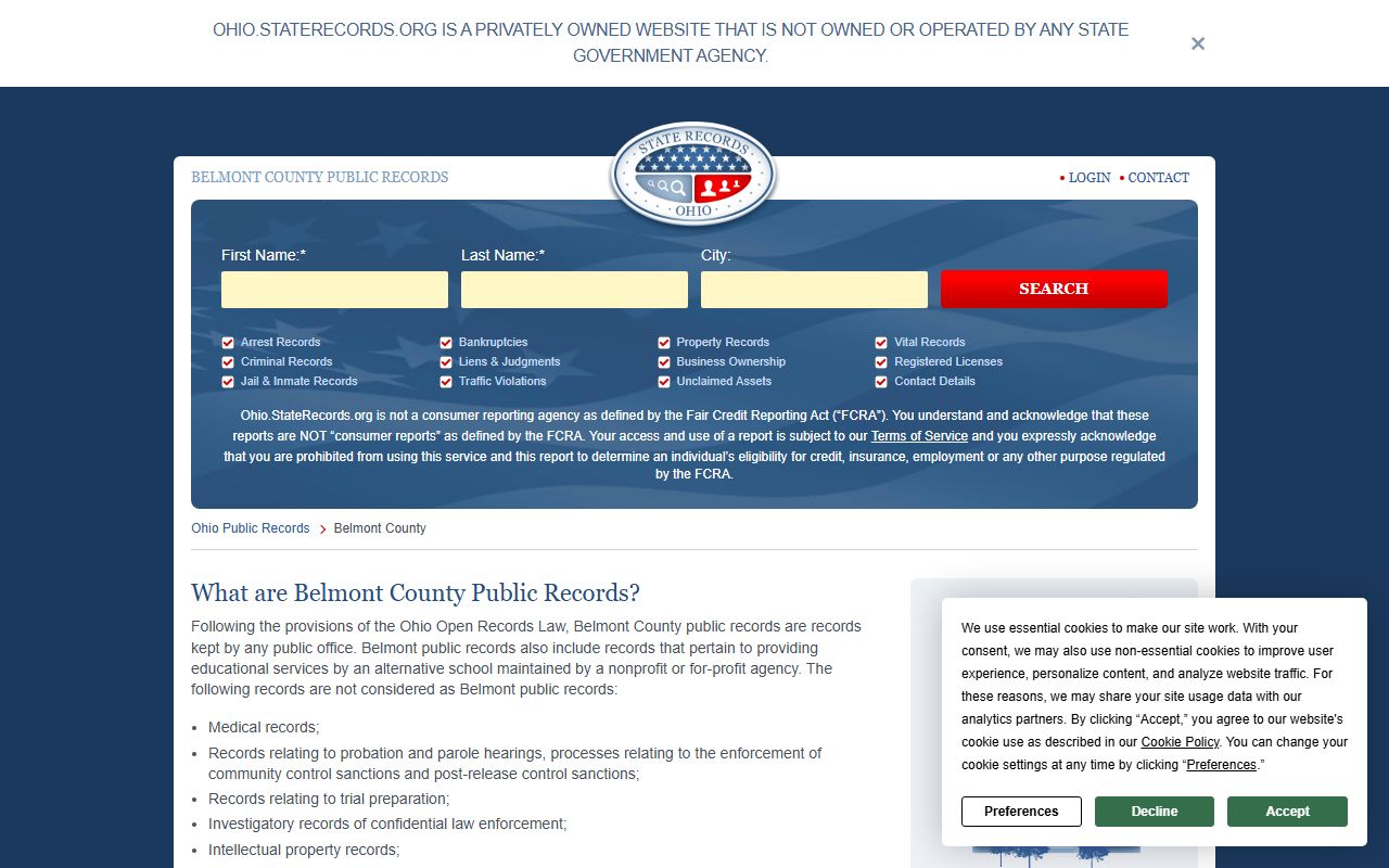 Belmont County records search page for court records
