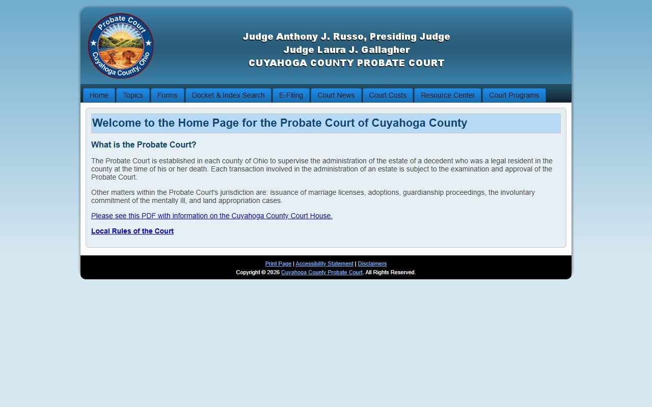 Cuyahoga County Probate Court website for court records