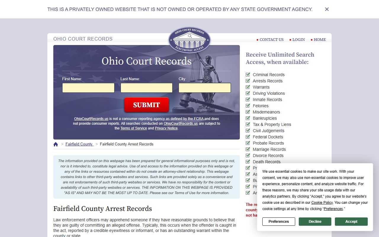 Fairfield County criminal records resource for court records in Fairfield County Ohio