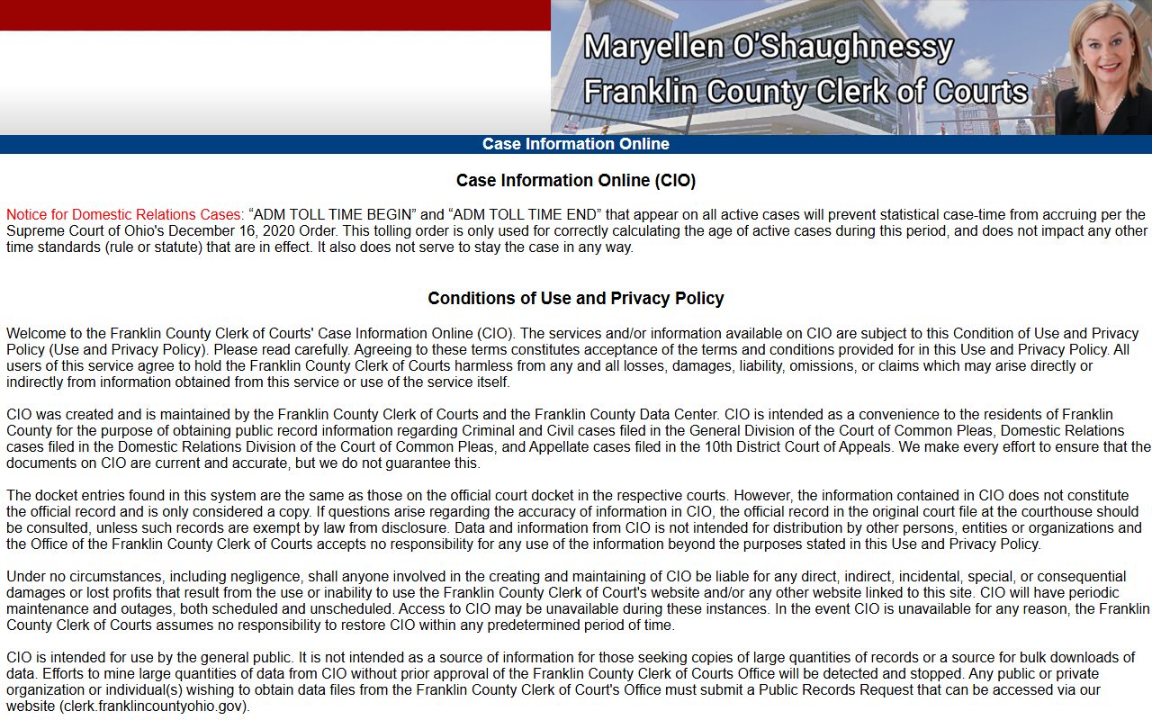 Franklin County Case Information Online CIO system for court records search