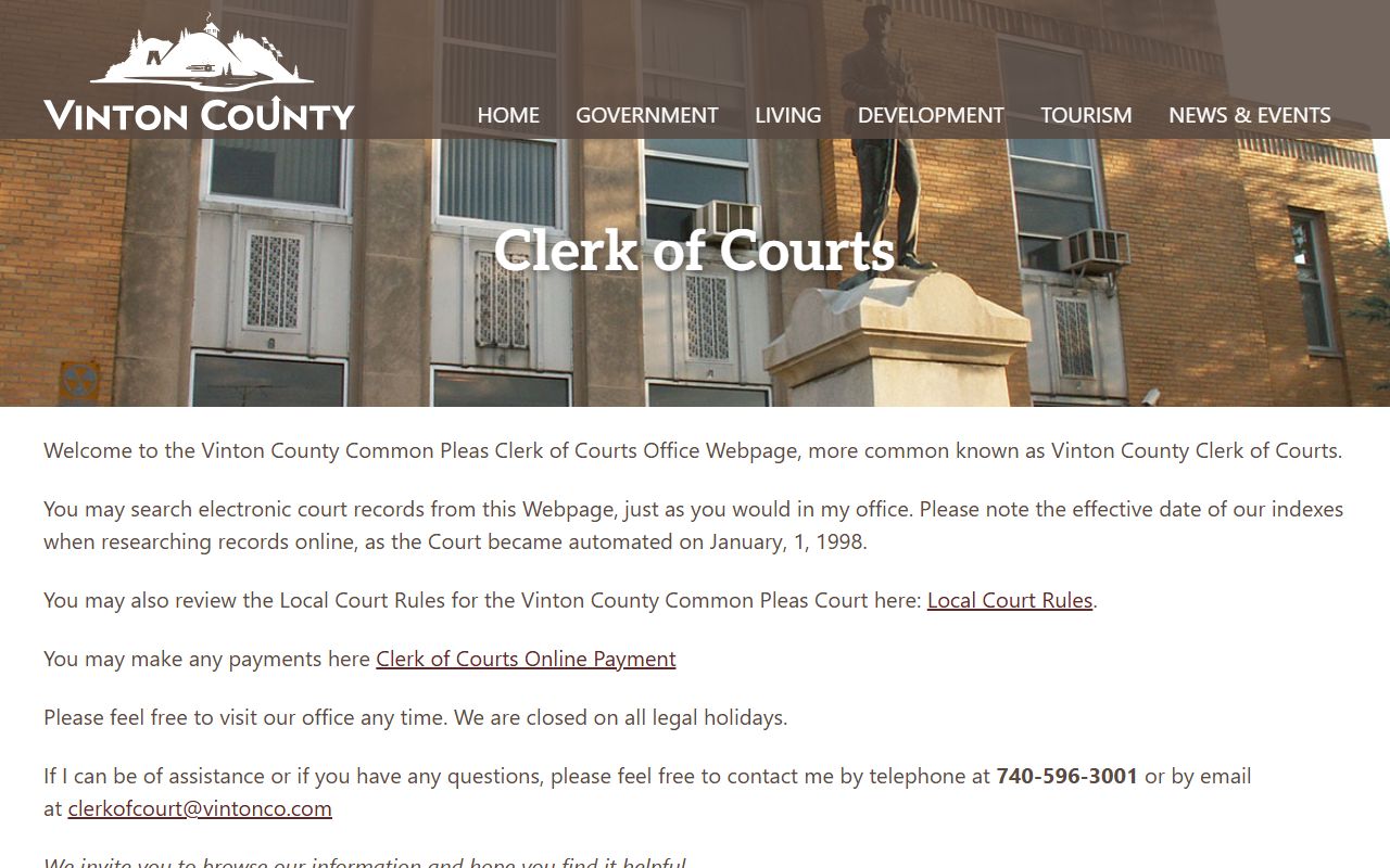 Vinton County Clerk of Courts website for court records search